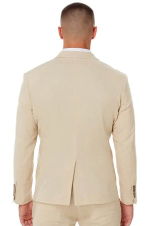 A man is seen from the back wearing an Urban Behaviour Linen Slim Fit Sports Jacket in light beige with a center vent, standing against a plain white background.