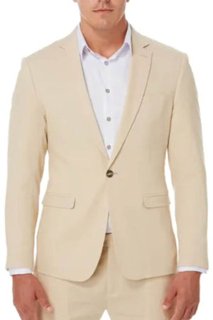 A man wears an Urban Behaviour Linen Slim Fit Sports Jacket with matching pants and a white shirt; only his upper body is visible, arms at his sides.