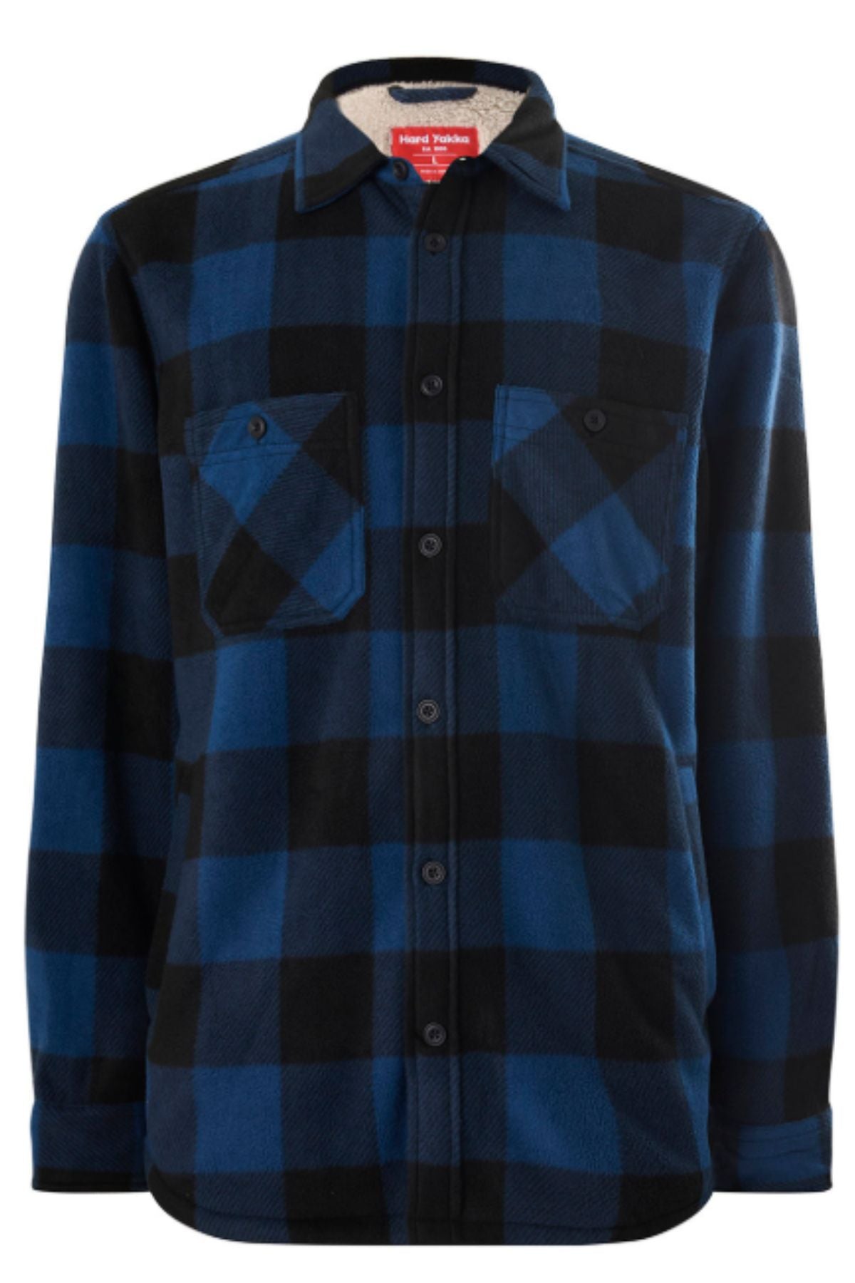 The Yakka Legends Sherpa is a blue and black checkered flannel shirt featuring long sleeves, a button-down front, two button-flap chest pockets, and a collar—comes with a FREE beanie.