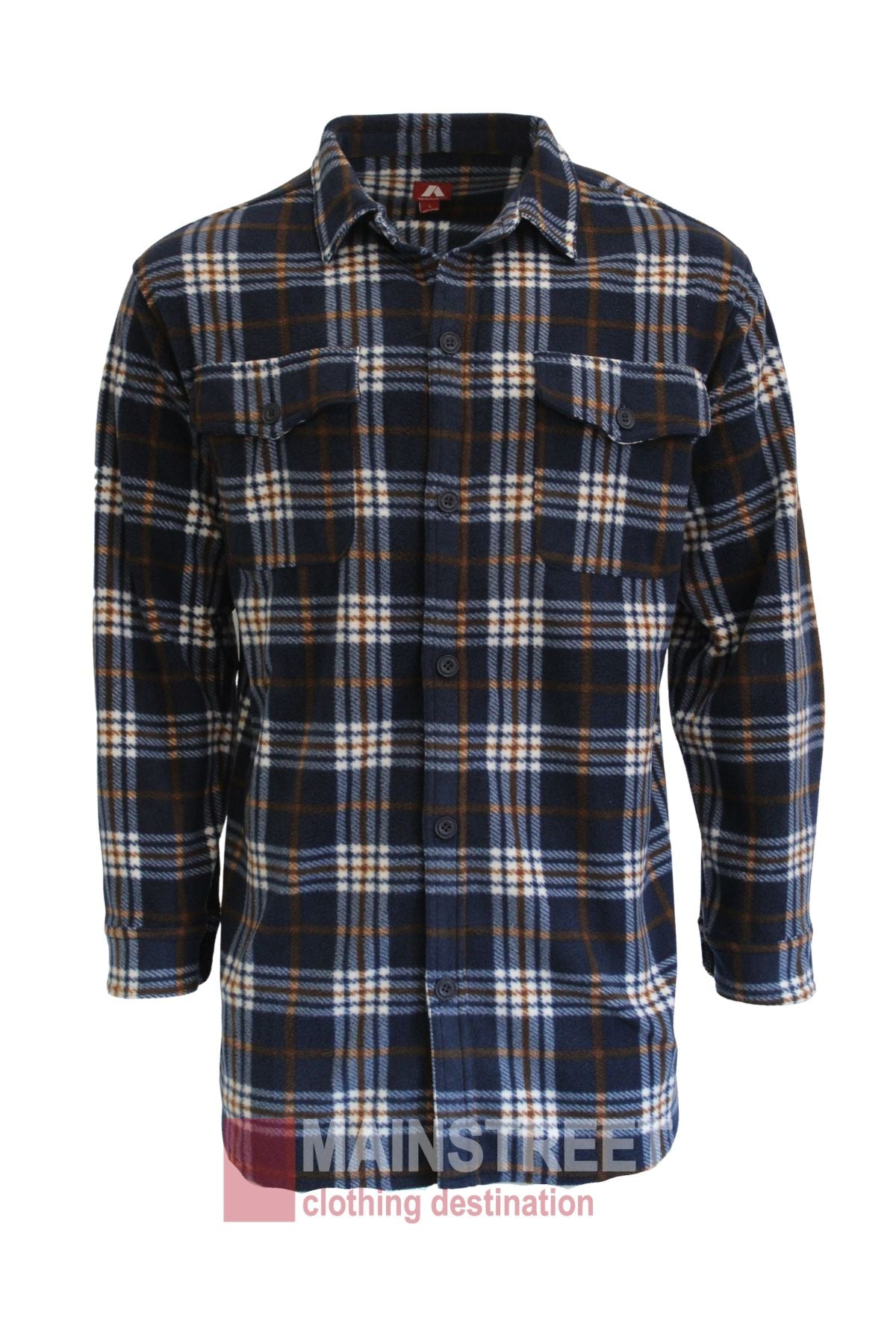 The Adventureline Drovers Shirt is a long-sleeve, button-up polar fleece shirt in navy, white, and brown plaid with two chest pockets with buttoned flaps, shown on a plain white background.