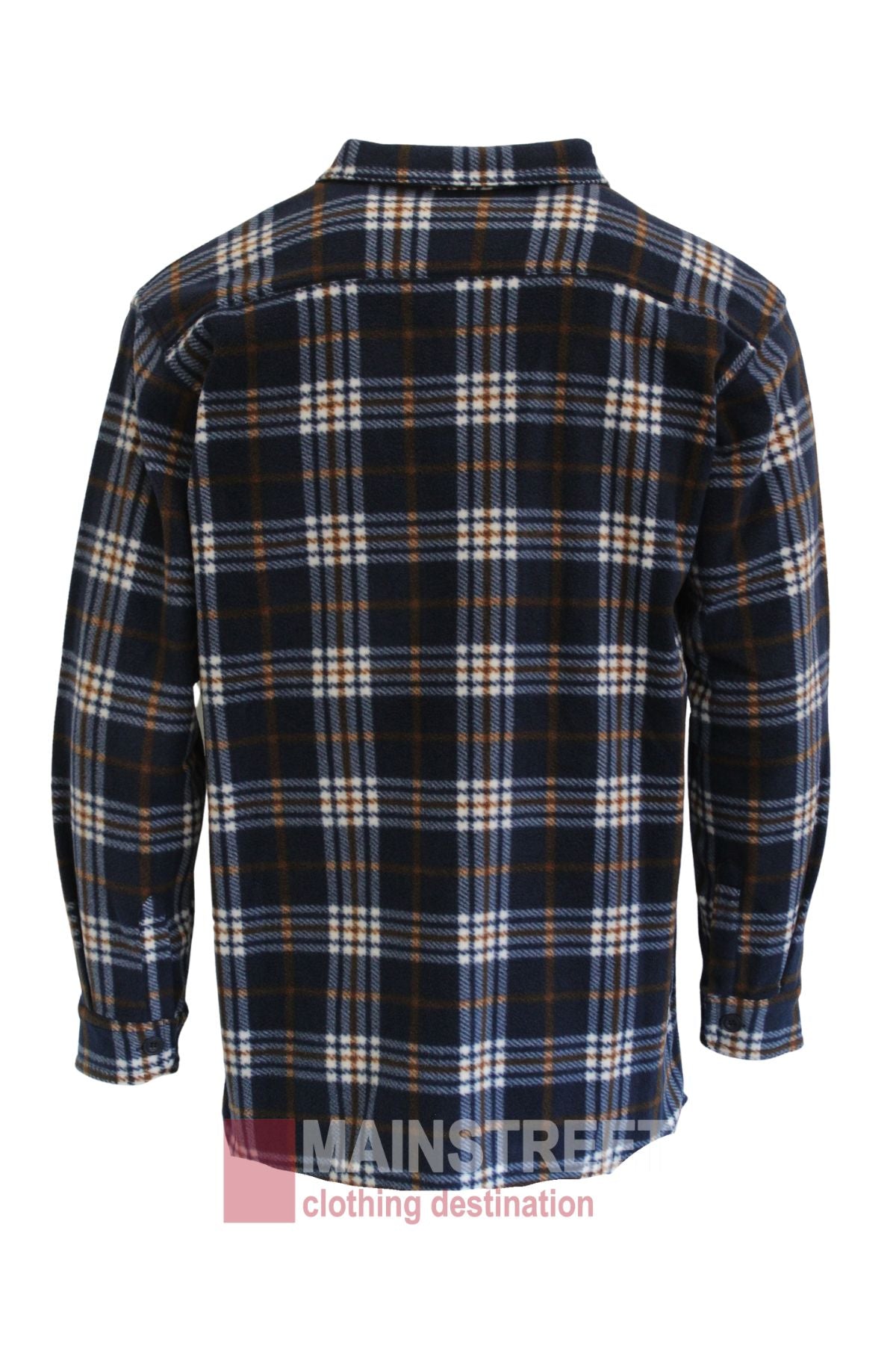 The Adventureline Drovers Shirt is a soft polar fleece, long-sleeved, button-up shirt with a navy, white, and brown plaid pattern and collar—shown from the back. Ideal for outdoor adventures on cooler days.