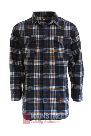 The Adventureline Drovers Shirt is a long-sleeve, button-up polar fleece shirt in navy, white, and brown plaid with two chest pockets with buttoned flaps, shown on a plain white background.