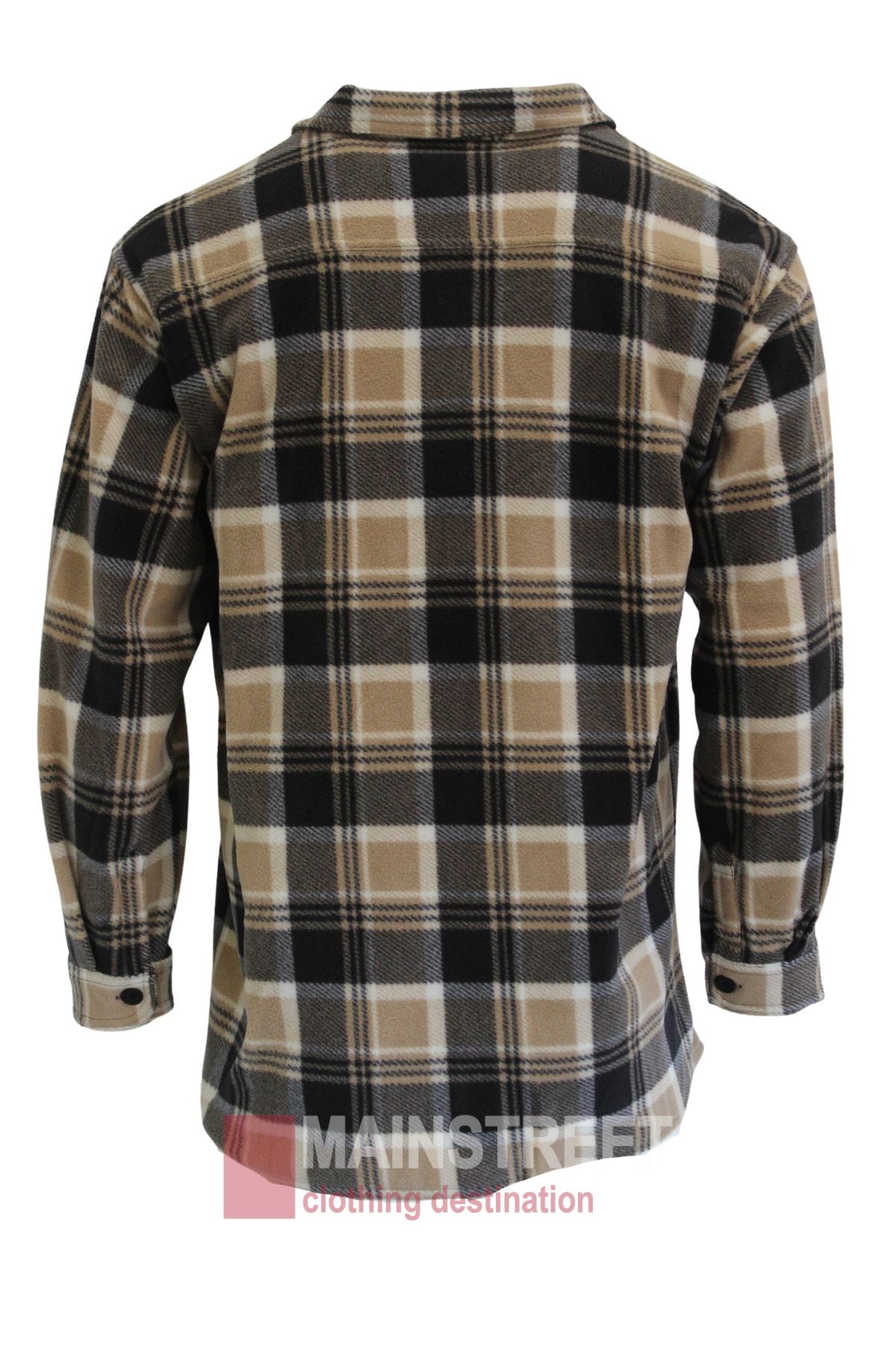 The Adventureline Drovers Shirt is a long-sleeve plaid flannel in beige, black, and white, shown from the back. It features a collar, buttoned cuffs, and straight hem—ideal for your next outdoor trek.
