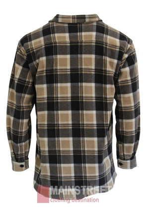 The Adventureline Drovers Shirt is a long-sleeve plaid flannel in beige, black, and white, shown from the back. It features a collar, buttoned cuffs, and straight hem—ideal for your next outdoor trek.