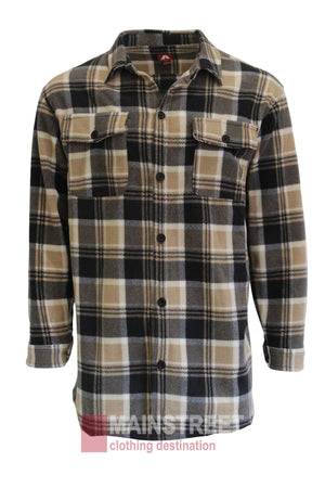 The Adventureline Drovers Shirt is a long-sleeve, button-up flannel in a tan, black, and white plaid with two chest pockets and the "MAINSTREET clothing destination" logo at the hem.