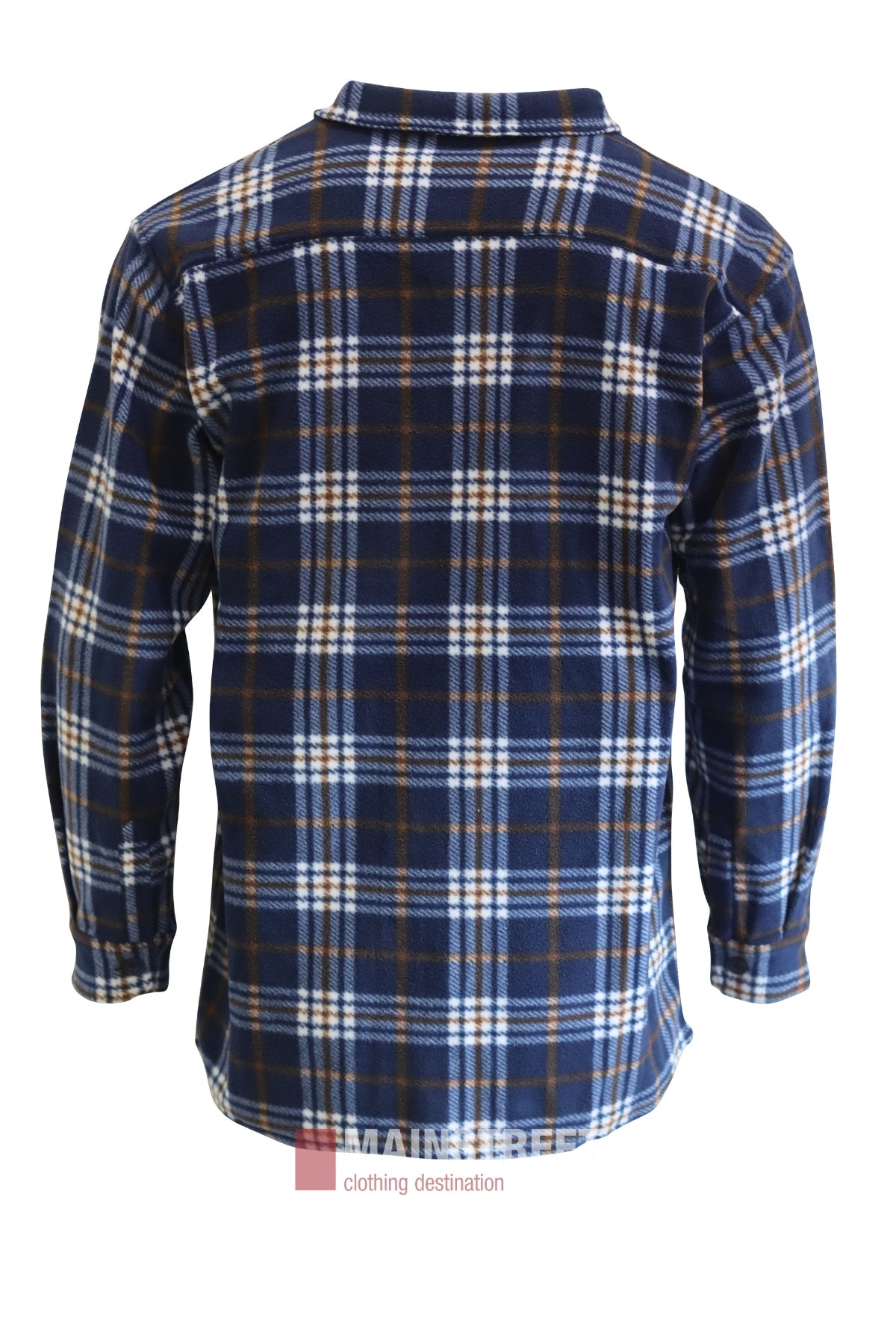 The Adventureline Drovers Shirt in navy blue, white, and brown plaid is shown from the back with buttoned cuffs and a classic collar—ideal for outdoor adventures.