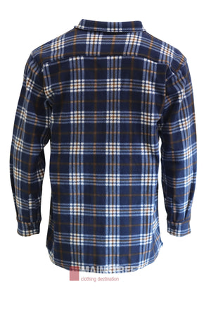 The Adventureline Drovers Shirt in navy blue, white, and brown plaid is shown from the back with buttoned cuffs and a classic collar—ideal for outdoor adventures.