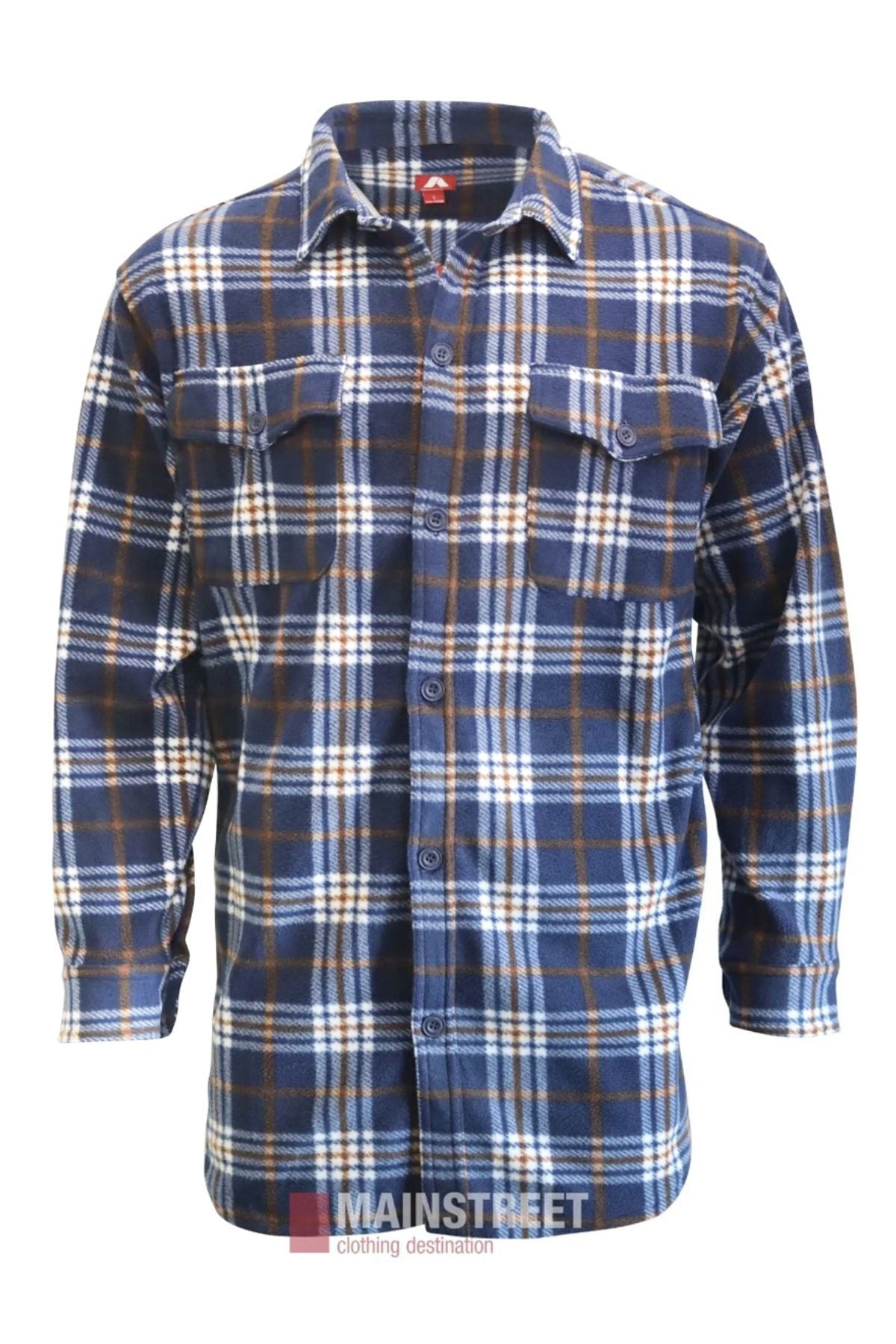 The Adventureline Drovers Shirt features long sleeves, button-up flannel in blue, white, and brown plaid, Polar Fleece lining, and two chest pockets—ideal for outdoor adventures. Shown on a white background.