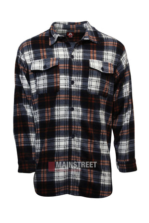 The Adventureline Drovers Shirt is a long-sleeve button-up flannel with black, white, and orange plaid, two chest pockets, and a collar—ideal for outdoor adventures. Shown against a white background.