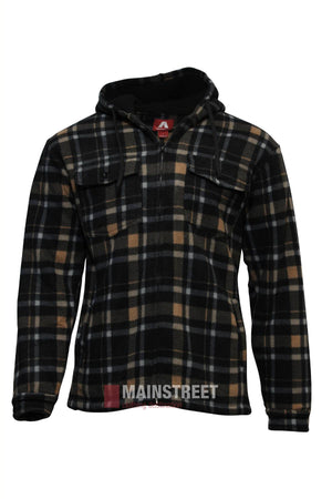 The Adventureline Sherpa Nomad Hoodie is a black, brown, and beige plaid fleece jacket with a hood, sherpa lining, two chest pockets, and a front zipper, shown on a white background.