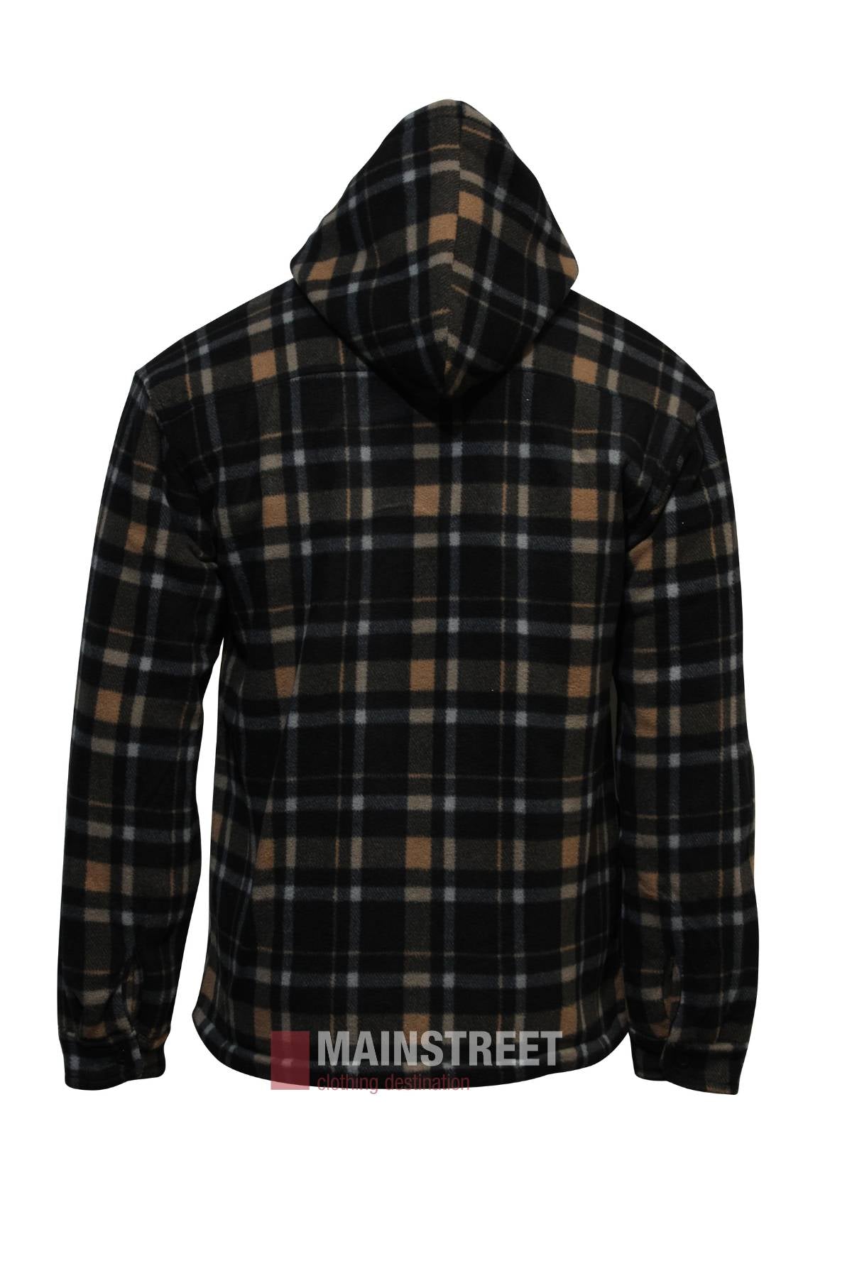 A black Adventureline Sherpa Nomad Hoodie with beige and white plaid pattern, hood, and long sleeves is shown from the back on a white background. "MAINSTREET" appears at the bottom of the image.