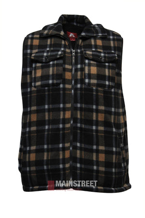 The Adventureline Sherpa Shearers Vest is a sleeveless plaid fleece vest with a zip front, black, brown, and white check pattern, sherpa lining for warmth, and two chest pockets, shown against a white background.