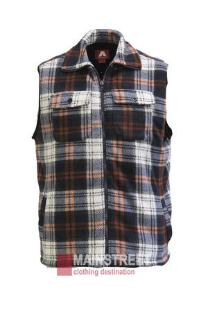 The Adventureline Sherpa Shearers Vest is a sleeveless, zip-front vest featuring black, white, and orange plaid checks, two flap chest pockets, and a collar. Displayed on a white background, this rugged outerwear suits any adventure.