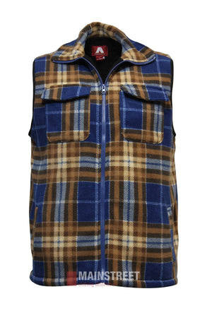The Adventureline Sherpa Shearers Vest is a sleeveless fleece vest with blue, brown, and beige plaid, sherpa lining, front zipper, two chest flap pockets, a stand-up collar, and a "MAINSTREET" logo at the bottom.