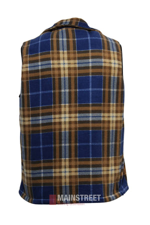 The Adventureline Sherpa Shearers Vest is sleeveless with a blue, brown, and white plaid pattern, cozy sherpa lining, a collar, and soft thick fabric for outdoor comfort. Shown from the back against a white background.
