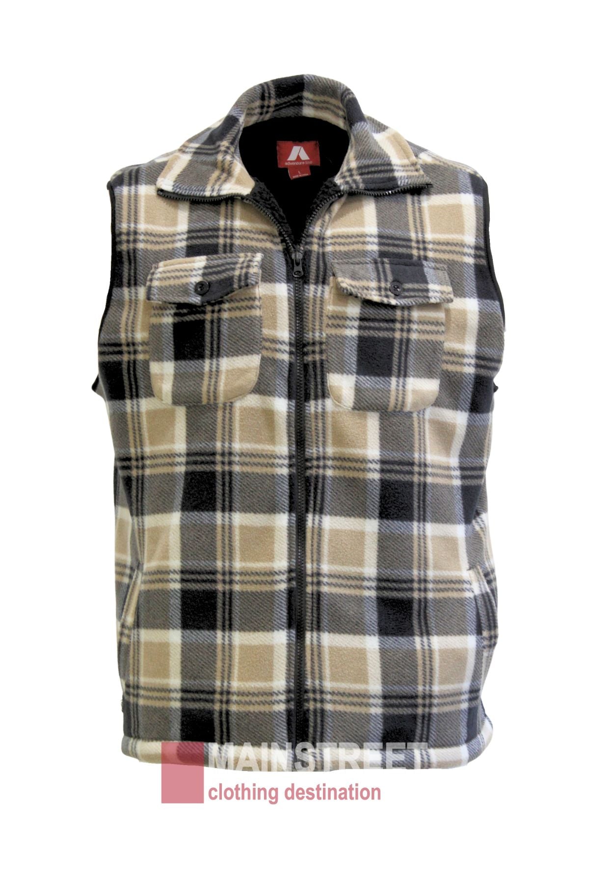The Adventureline Sherpa Shearers Vest is a sleeveless plaid polar fleece with a front zipper, two flap chest pockets, and a black, beige, and white checkered pattern. "Mainstreet clothing destination" logo adds rugged style at the bottom.