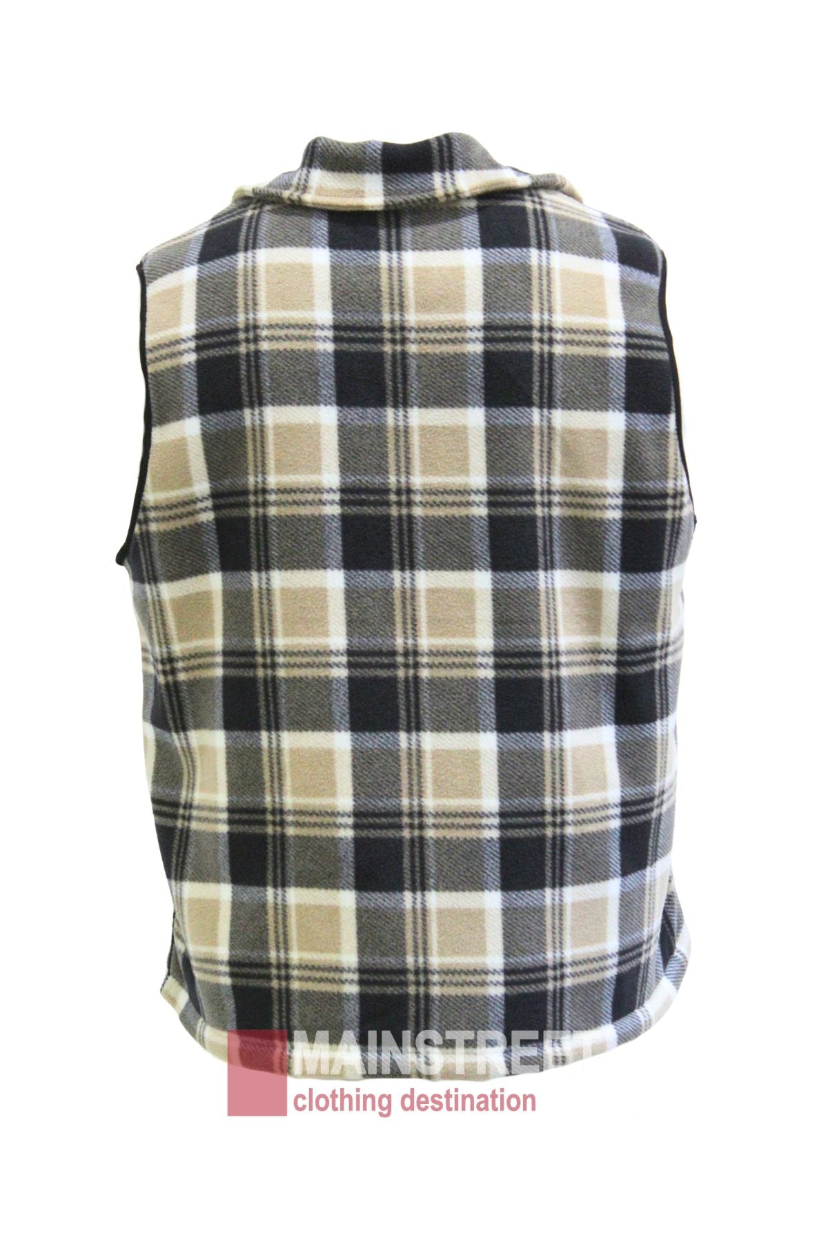 The Adventureline Sherpa Shearers Vest is a sleeveless rugged plaid vest in black, white, and beige tones, displayed from the back on a plain white background.