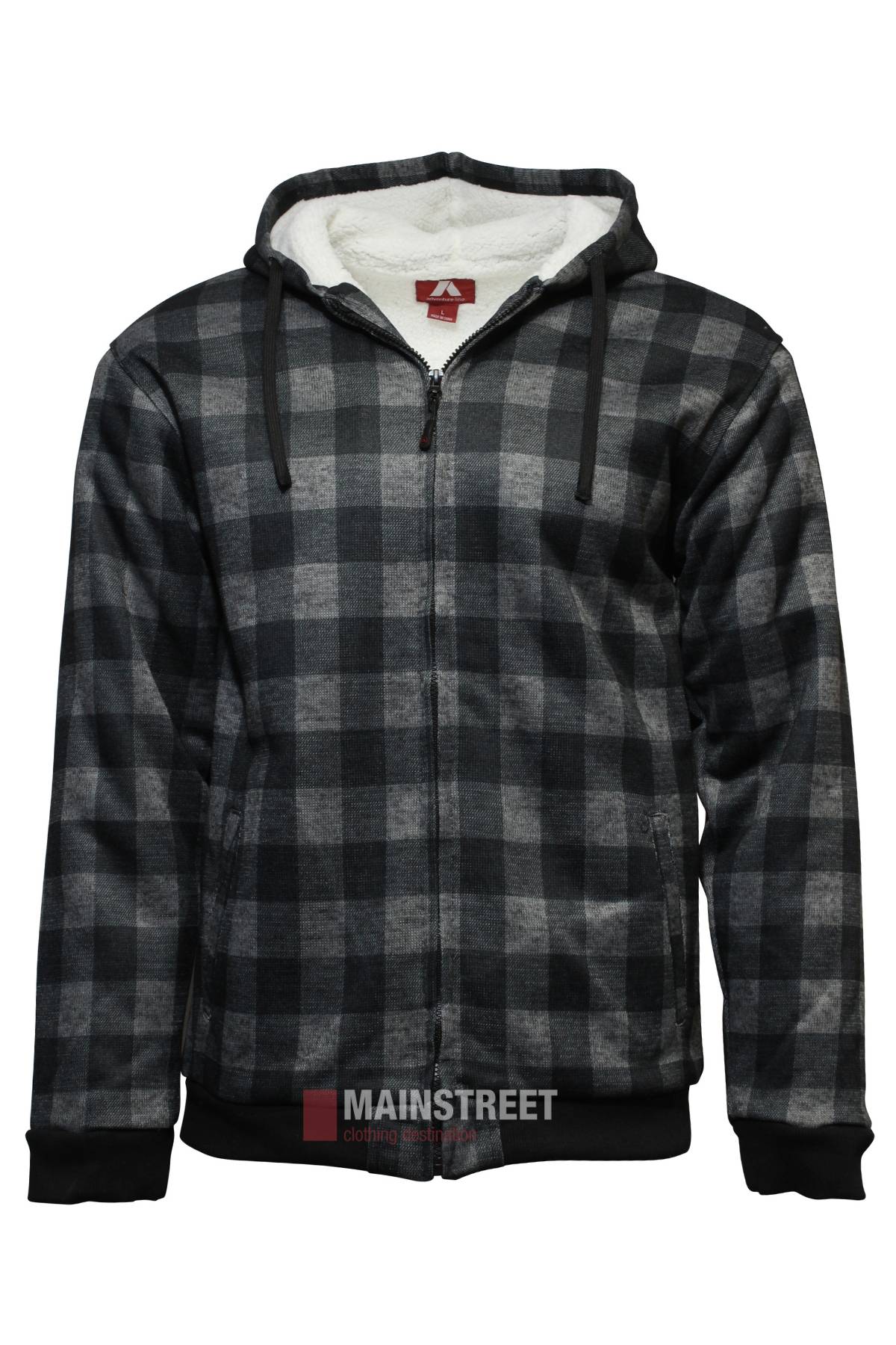 The Adventureline Blaze Hoodie features a black and gray checkered design, white fleece lining, black drawstrings, and ribbed cuffs and hem—perfect for winter comfort. Displayed against a plain white background.