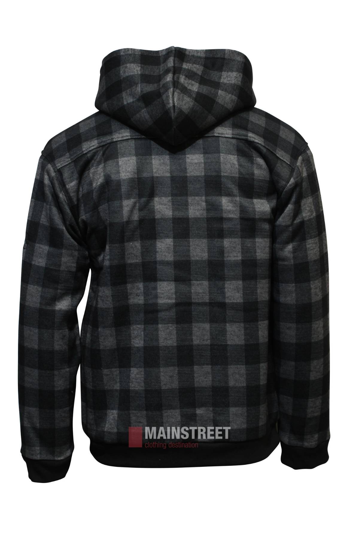 The Adventureline Blaze Hoodie is shown from the back, featuring a black and gray plaid pattern, long sleeves, and "MAINSTREET clothing destination" logo at the bottom center—ideal for cozy winter wear.