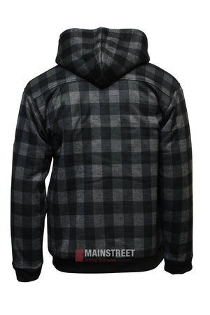 The Adventureline Blaze Hoodie is shown from the back, featuring a black and gray plaid pattern, long sleeves, and "MAINSTREET clothing destination" logo at the bottom center—ideal for cozy winter wear.