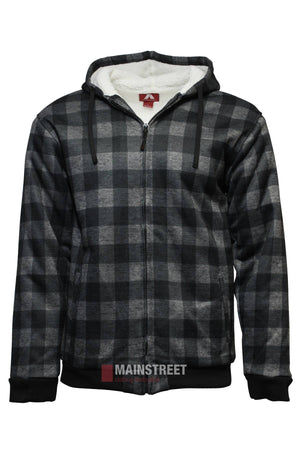 The Adventureline Blaze Hoodie features a black and gray checkered design, white fleece lining, black drawstrings, and ribbed cuffs and hem—perfect for winter comfort. Displayed against a plain white background.