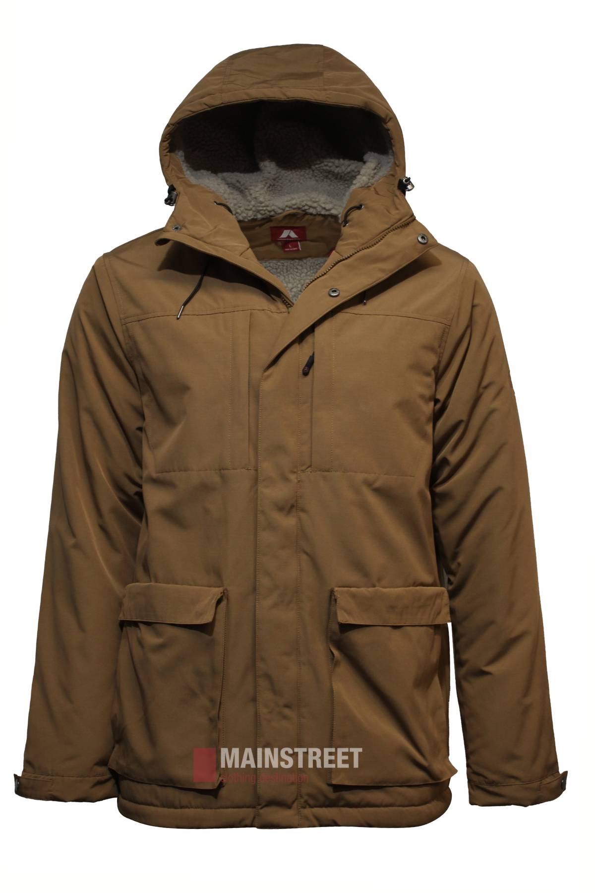 The Adventureline Invernell Hooded Parka, in brown organic cotton, features a fleece-lined interior, zipper and button closures, two chest pockets, and two large front flap pockets. Displayed on a white background.