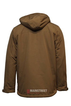 The Adventureline Invernell Hooded Parka is a brown winter jacket with a hood, long sleeves, straight hem, and minimalist design made from recycled polyester. The MAINSTREET logo appears at the bottom center of the back.