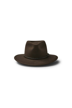 The Akubra Traveller is a dark brown felt hat featuring a wide brim and a thin black braided band, shown on a white background with a soft shadow underneath.