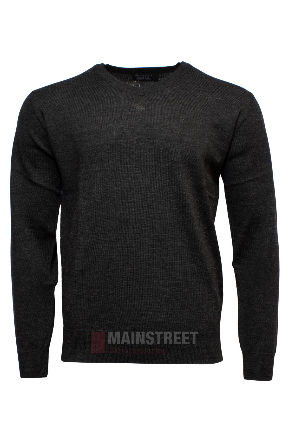 The Ansett Black Merino Wool Vee Neck is a plain, long-sleeved sweater in black, crafted from soft Australian Merino wool for smart casual style, shown on a white background.