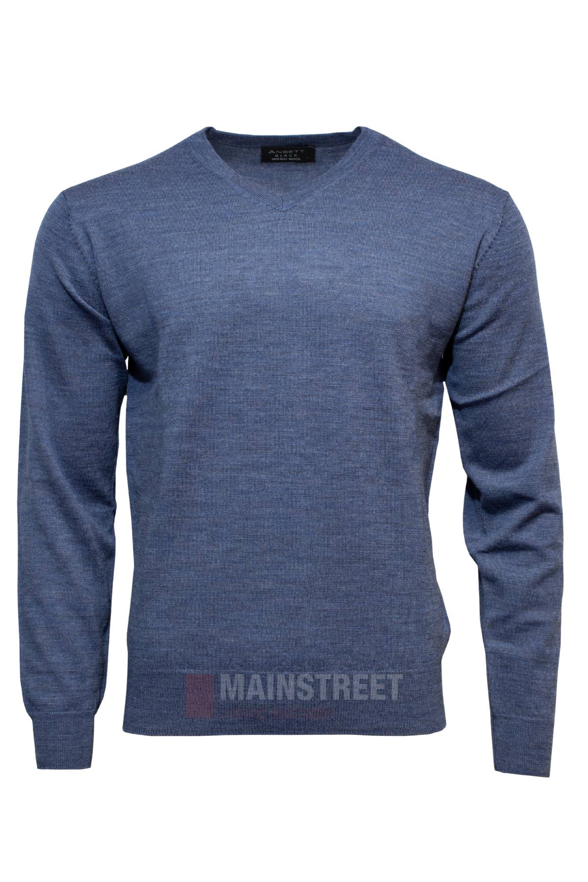 An Ansett Black Merino Wool Vee Neck sweater displayed on a white background, with "MAINSTREET" faintly visible at the bottom center.