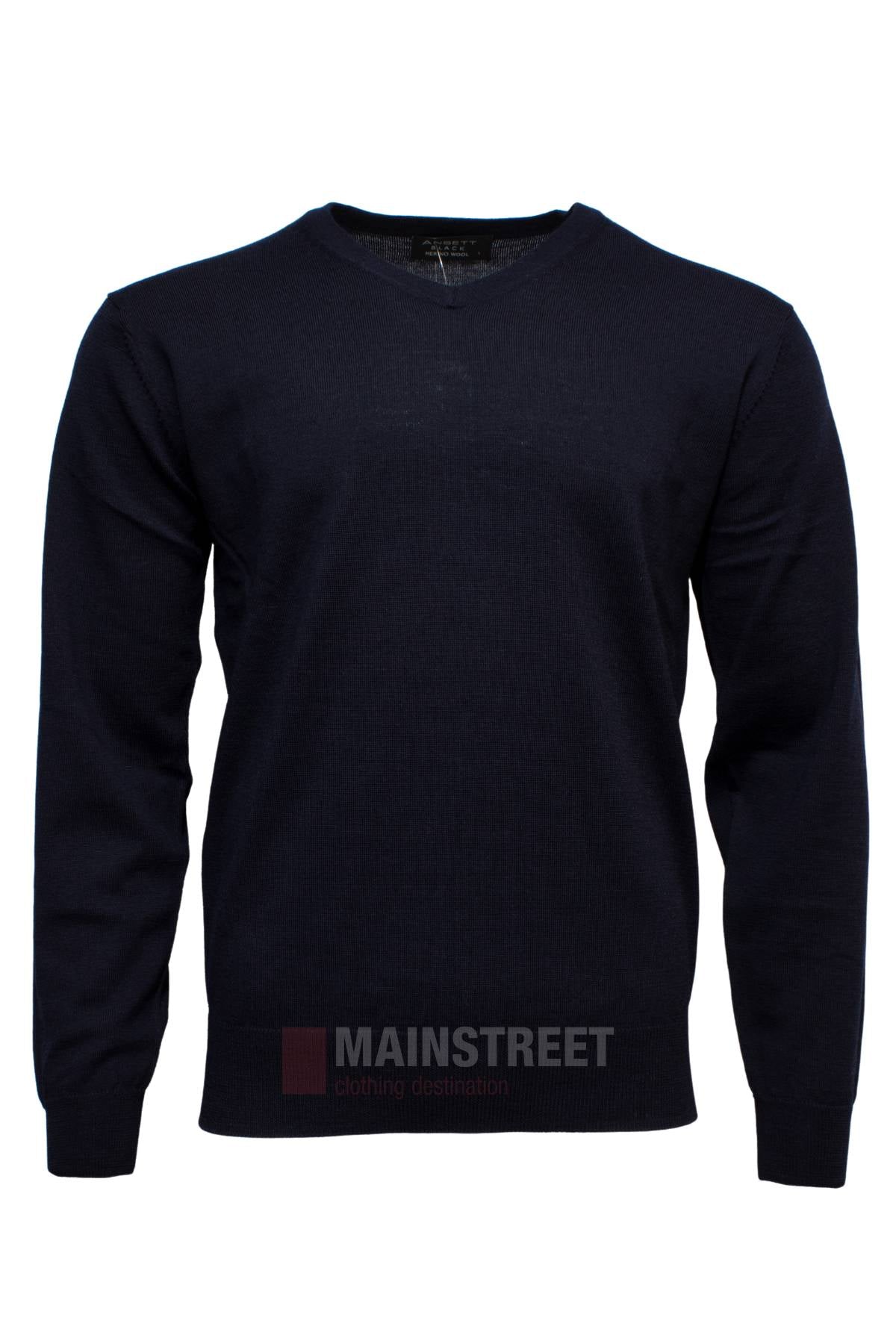The Ansett Black Merino Wool Vee Neck is a plain, long-sleeved pullover with a V-neck, made from Australian Merino wool for a smart casual style, shown on a white background.