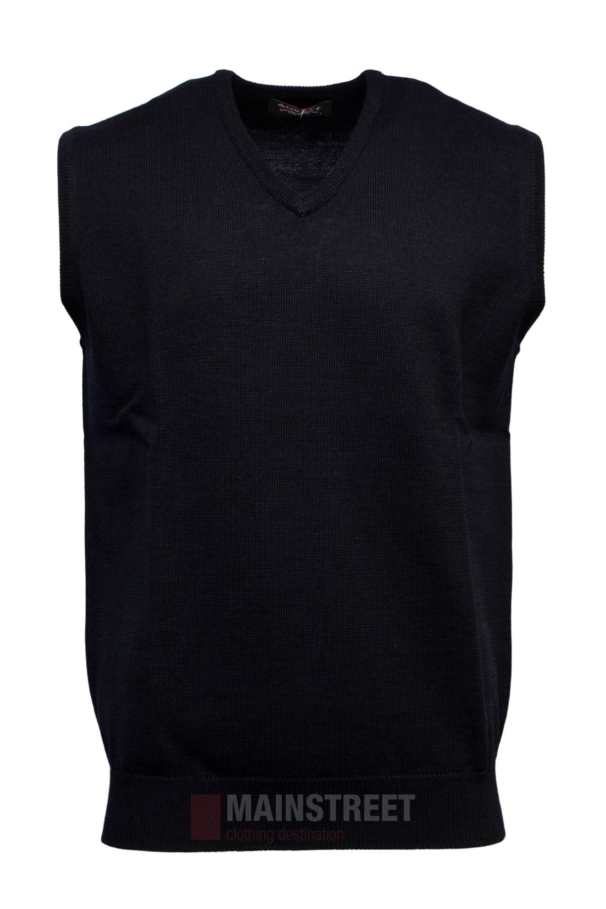 The Ansett Knitted Vest is a plain black, sleeveless V-neck made from soft Australian wool. Machine washable with a fitted waistband and armholes, it's perfect for layering at your next business meeting. Displayed against a white background.