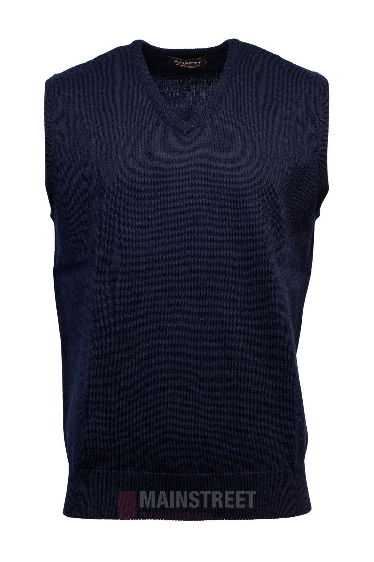 The Ansett Knitted Vest, a navy blue sleeveless V-neck made from Australian wool, is shown against a white background. Its soft knit fabric features ribbed hem and neckline, with "Mainstreet" partially visible at the bottom.