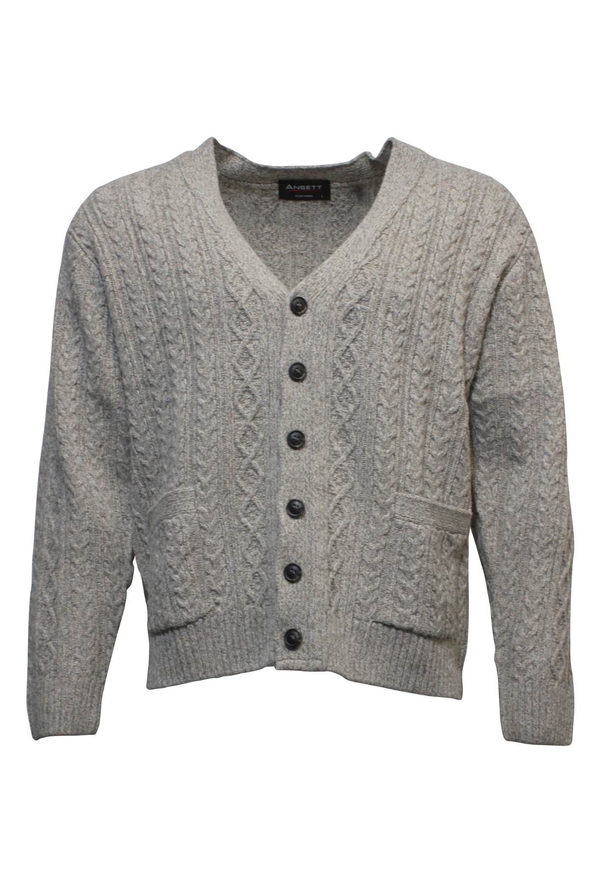 The Ansett Pure New Wool Cardigan in light grey features black front buttons, a V-neckline, ribbed cuffs and hem, two front pockets, and is displayed against a plain white background.