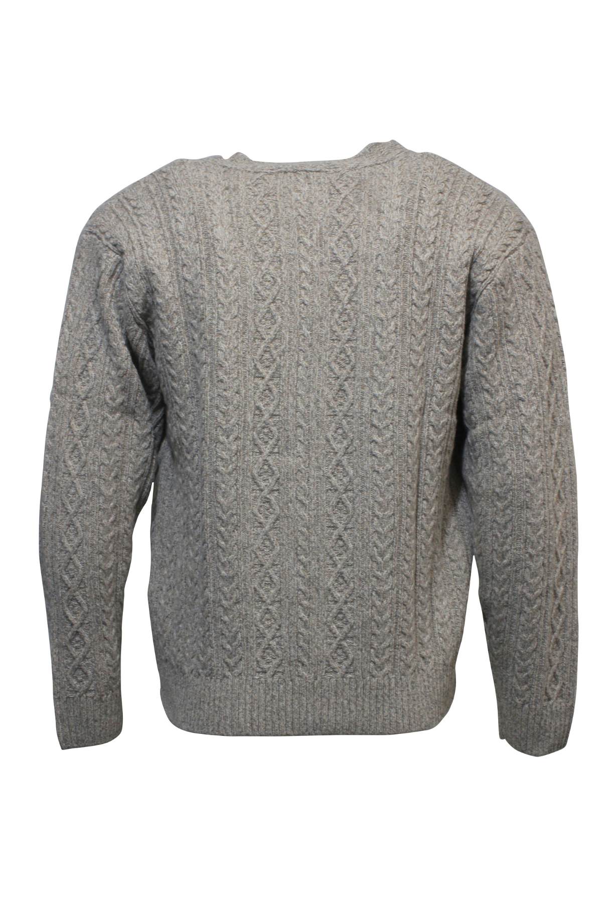 The Ansett Pure New Wool Cardigan is a gray, long-sleeve women's cardigan with a cable pattern, displayed from the back against a plain white background.