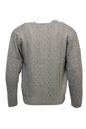 The Ansett Pure New Wool Cardigan is a gray, long-sleeve women's cardigan with a cable pattern, displayed from the back against a plain white background.