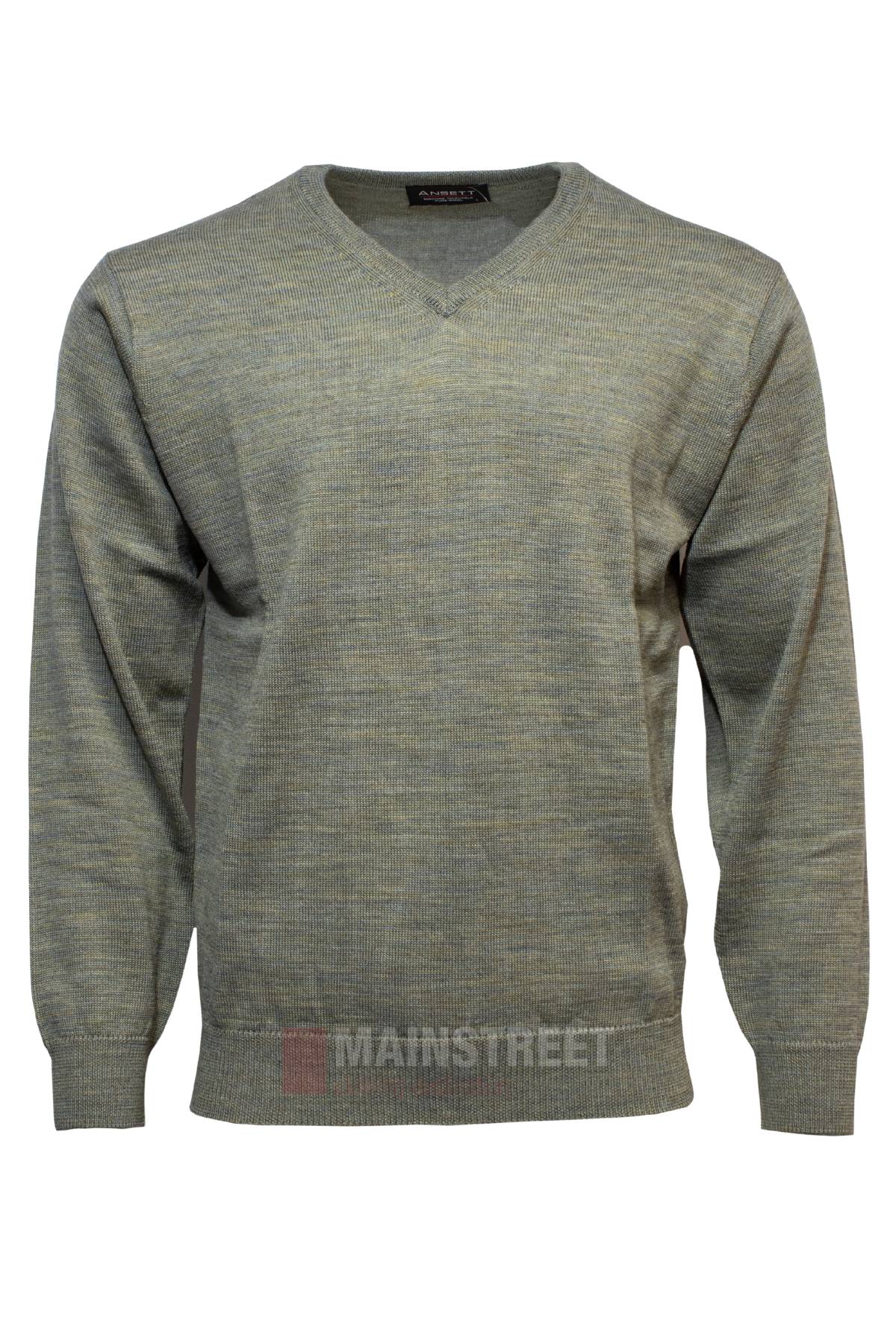 The Ansett V Neck Jumper is a light gray-green, long-sleeved sweater made from soft Australian wool with ribbed cuffs and hem, shown on a plain white background.