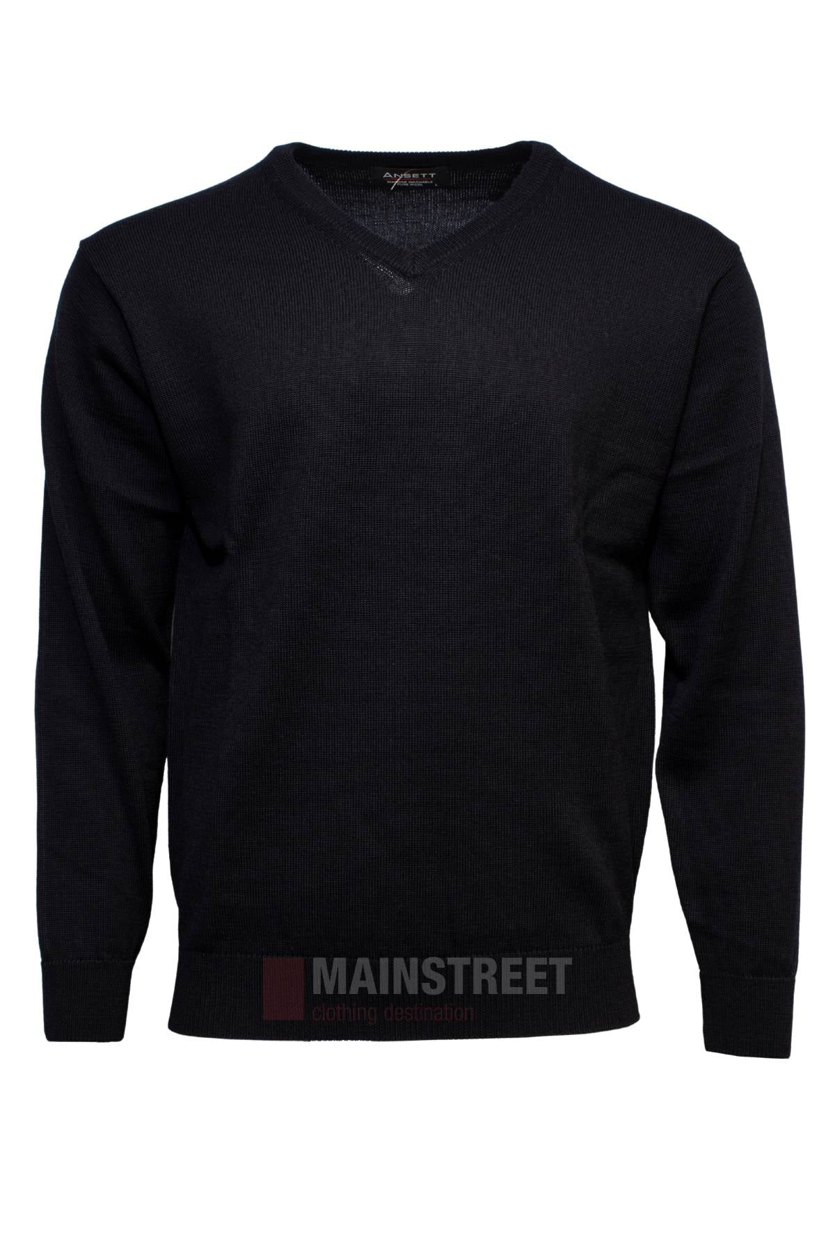 The Ansett V Neck Jumper, a black long-sleeve knit made from machine washable wool, is shown front-facing on a plain white background without any mannequin or model.