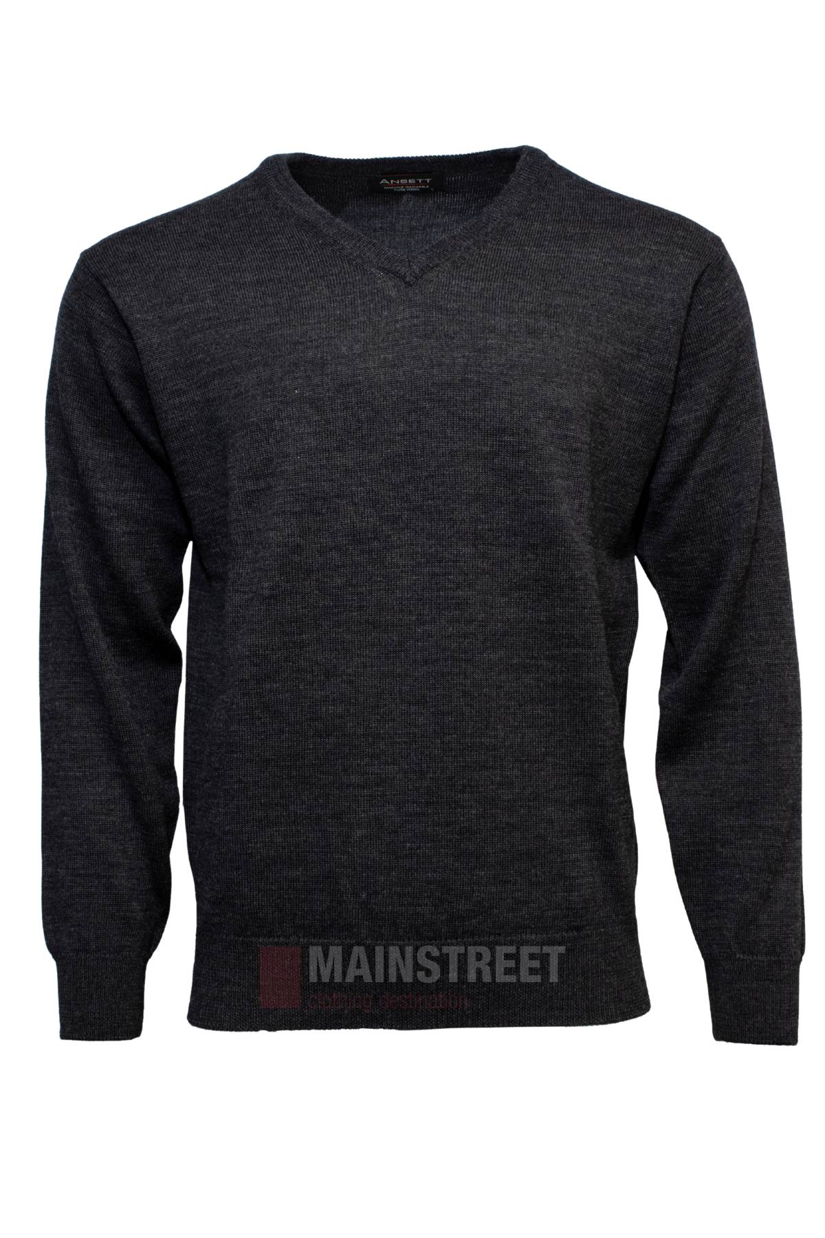 The Ansett V Neck Jumper is a plain, long-sleeved, dark gray jumper made from premium Australian wool, shown on a white background.