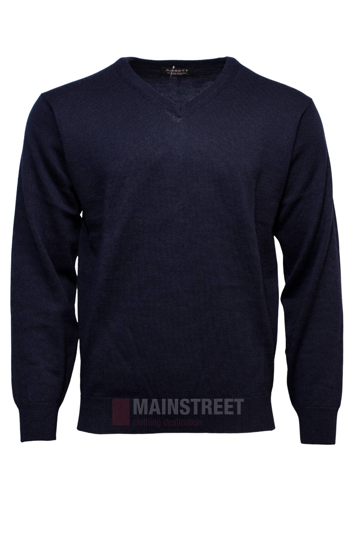 The Ansett V Neck Jumper is a plain, long-sleeved, dark navy blue wool jumper that’s machine washable. It’s displayed against a white background.