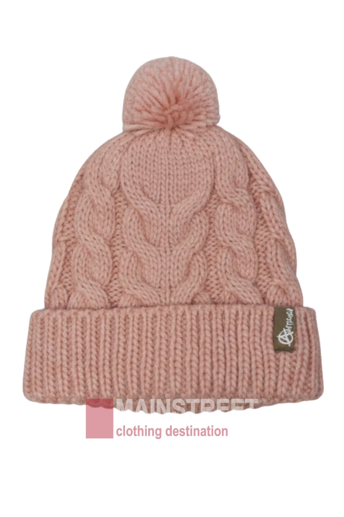 The Anticorp Ladies Cable Lined Beanie is a pink knit hat with a folded cuff, pom-pom top, and small logo tag, shown against a "MAINSTREET clothing destination" bold text backdrop.