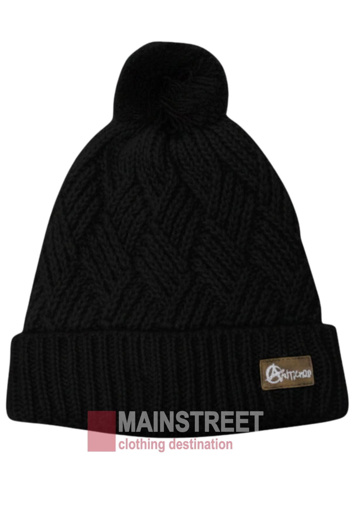 The Anticorp Ladies Herringbone Beanie is a black knit beanie with a textured pattern, pom-pom, folded brim, an Anticorp patch with white logo, and MAINSTREET clothing destination logo at the bottom.