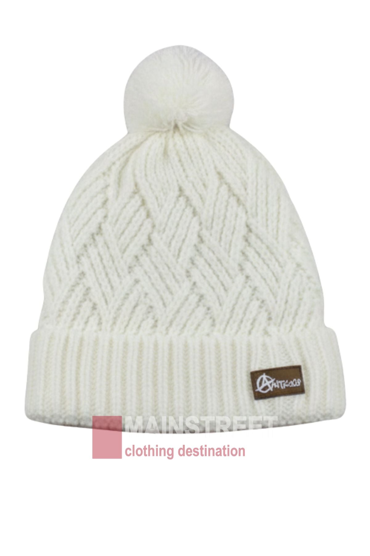 The Anticorp Ladies Herringbone Beanie is a white knit beanie with a pom-pom and zigzag pattern, featuring a small brown logo tag on the fold. "MAINSTREET clothing destination" appears at the bottom of the image.