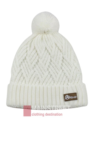 The Anticorp Ladies Herringbone Beanie is a white knit beanie with a pom-pom and zigzag pattern, featuring a small brown logo tag on the fold. "MAINSTREET clothing destination" appears at the bottom of the image.