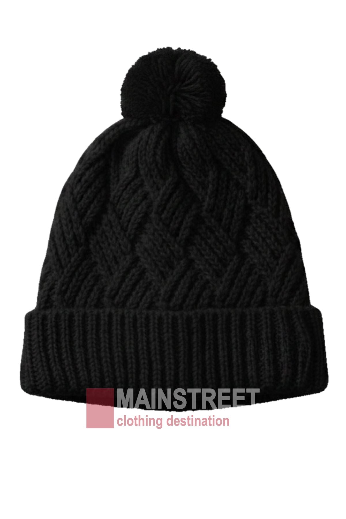 The Anticorp Ladies Herringbone Beanie is a black knit hat with a pom-pom and folded ribbed cuff, featuring the "MAINSTREET clothing destination" logo—a stylish women's winter accessory for cold days.