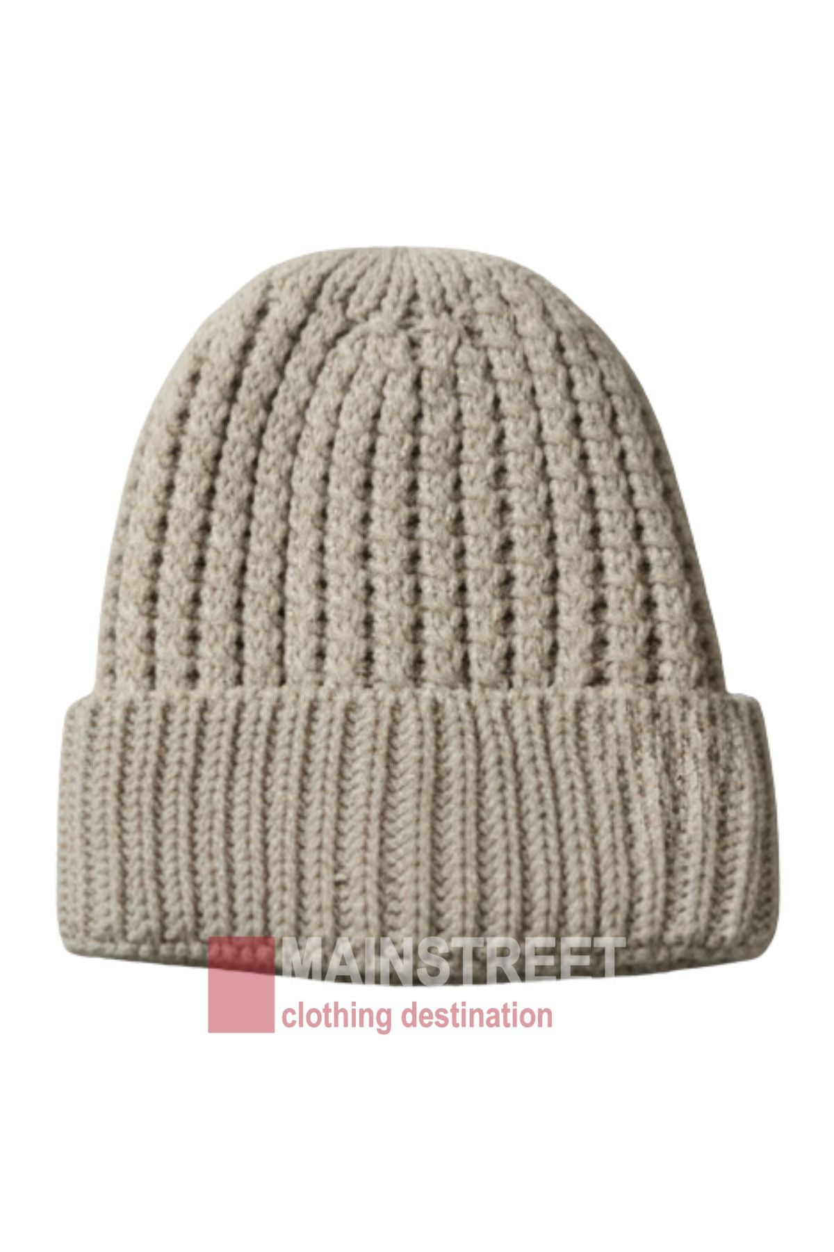 The Anticorp Ladies Ribbed Lined Beanie in beige, featuring a folded brim, is shown against a white background with the Mainstreet clothing destination logo partially visible at the bottom.