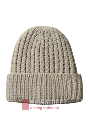 The Anticorp Ladies Ribbed Lined Beanie in beige, featuring a folded brim, is shown against a white background with the Mainstreet clothing destination logo partially visible at the bottom.