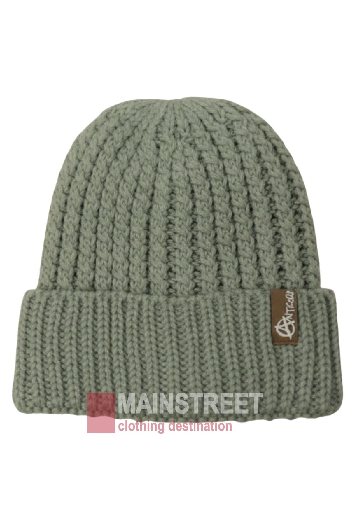 The Anticorp Ladies Ribbed Lined Beanie is a light gray winter hat with a folded brim and a small brown patch with a white logo on the side, shown against a plain white background.