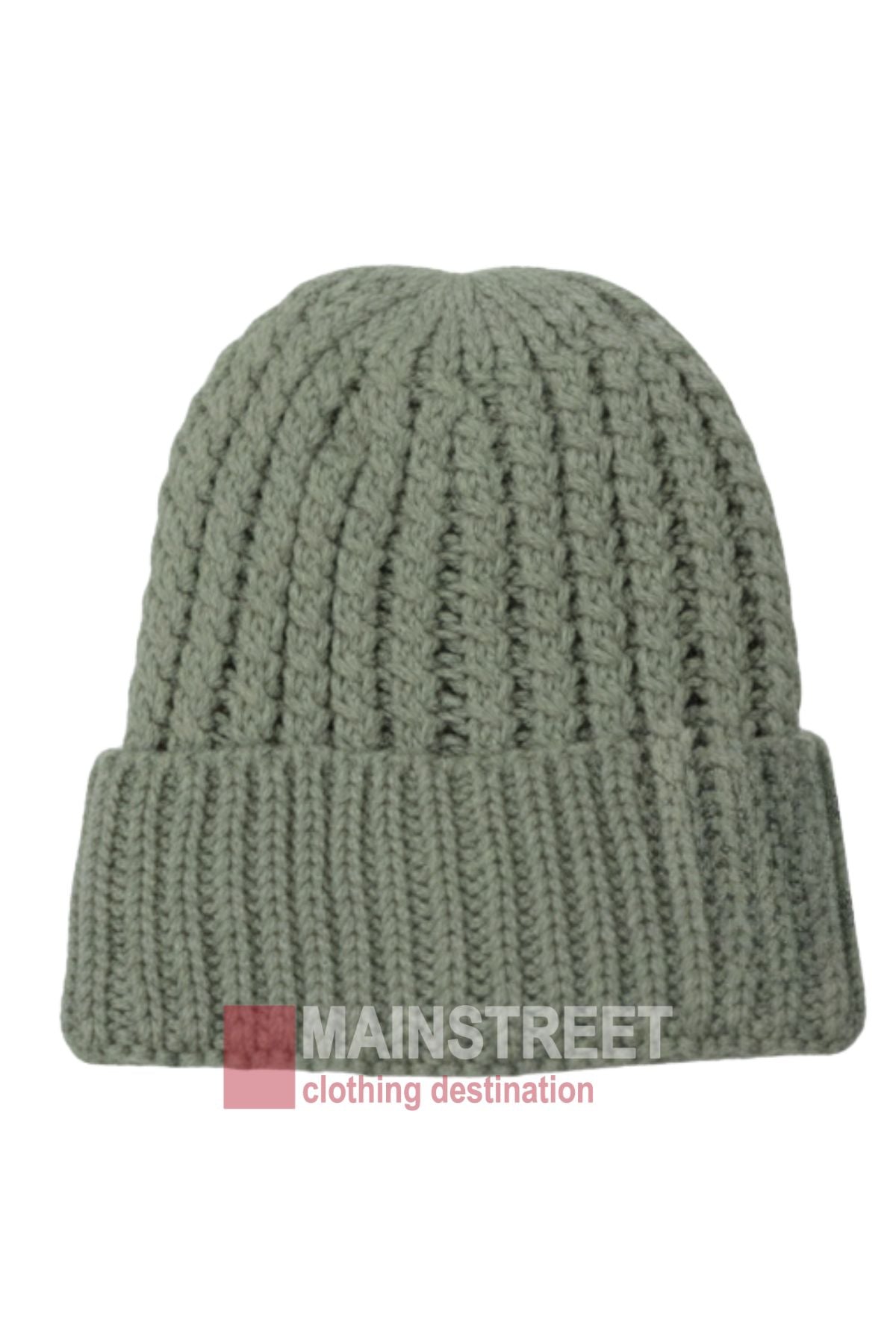 A sage green Anticorp Ladies Ribbed Lined Beanie with a cosy ribbed knit and folded cuff. The Mainstreet Clothing Destination logo appears at the bottom of the image.