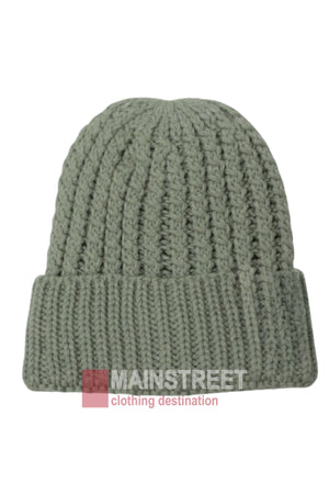 A sage green Anticorp Ladies Ribbed Lined Beanie with a cosy ribbed knit and folded cuff. The Mainstreet Clothing Destination logo appears at the bottom of the image.